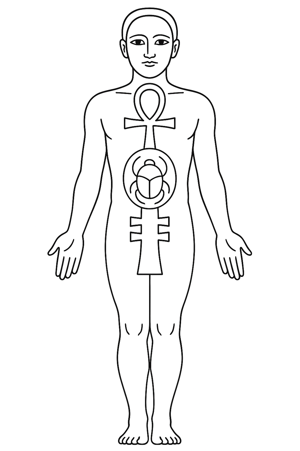 Human figure with Ankh, Scarab, and Djed aligned to head, heart, and spine—symbolizing glyphic embodiment and resonant anatomy
