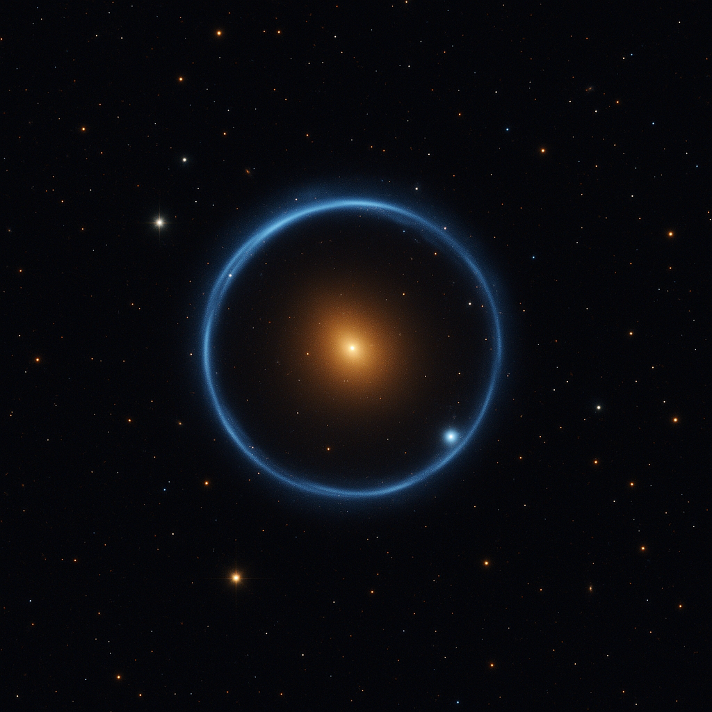 Astronomical visualization of a gravitational lens showing a bright Einstein ring around a central galaxy