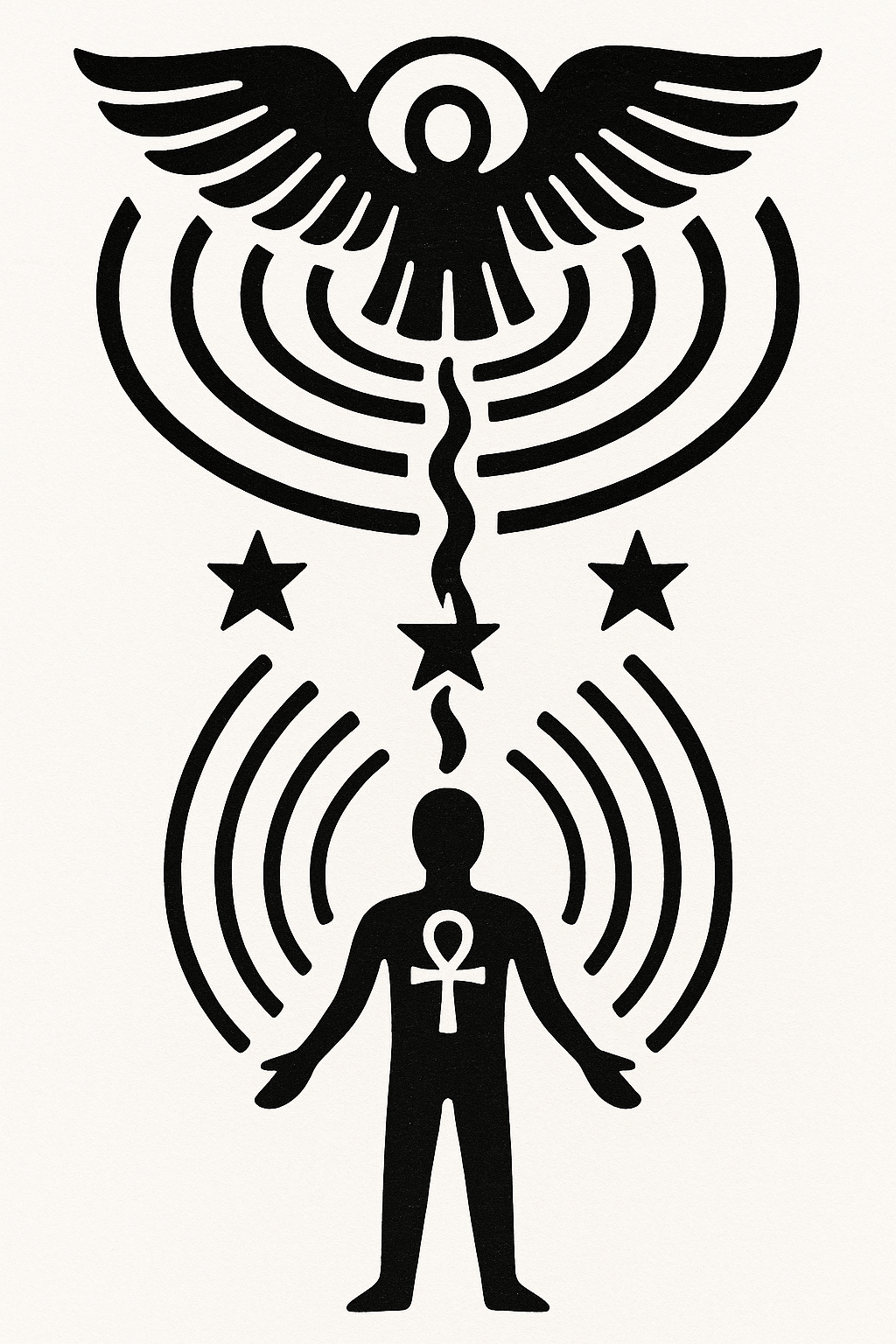 Stylized figure receiving resonance waves from angelic form above — representing the descent of divine coherence into the human field through layered frequencies