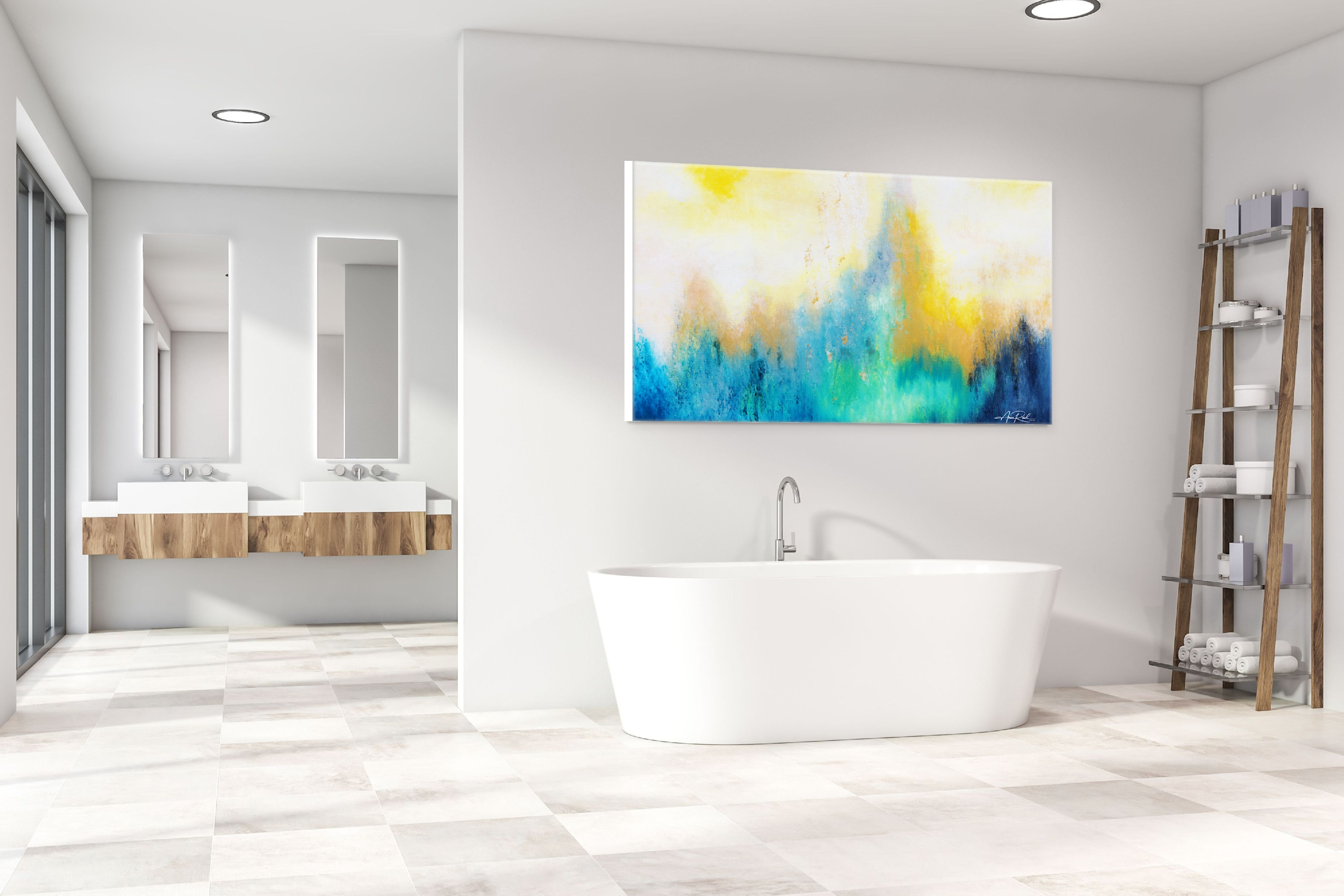 Third Day 3 open edition fine art print by Anne Reid Artist — panoramic blue-gold abstraction shown above a freestanding soaking tub in a modern white bathroom.