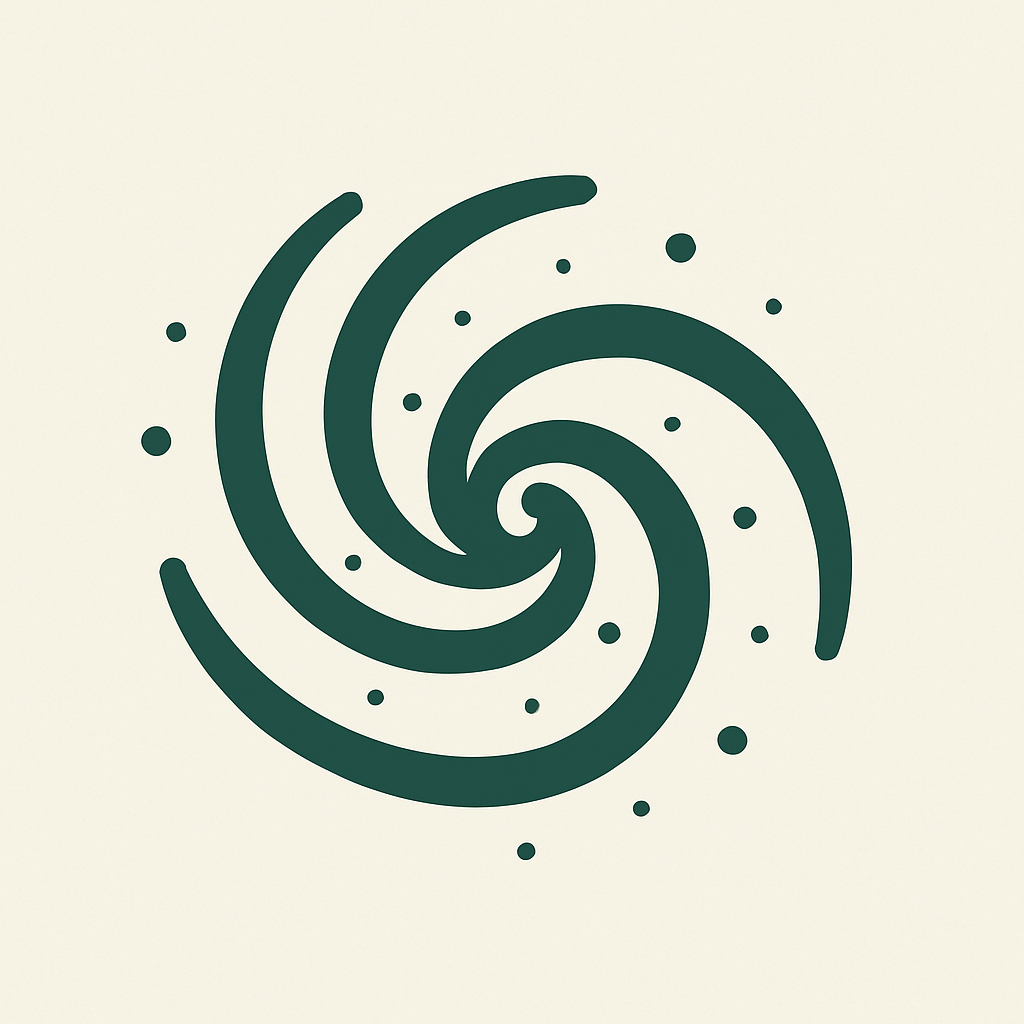 Glyph of the Milky Way — four-armed spiral galaxy with orbiting stars, symbol of cosmic origin and memory