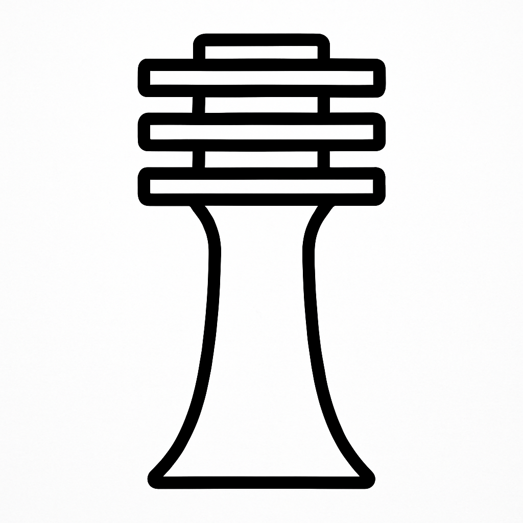 Black line art of the ancient Djed pillar — symbolizing vertical resonance, stability, and harmonic field structure in temple and spine