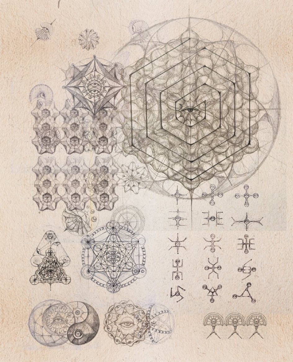 Hand-drawn sacred geometry: spirals within hexagonal lattices, fractal tiling, and consciousness glyphs—geometry remembering awareness.
