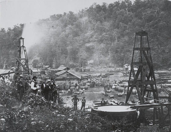 Oil wells and stacked barrels in Bradford, Pennsylvania during the 1870s oil boom