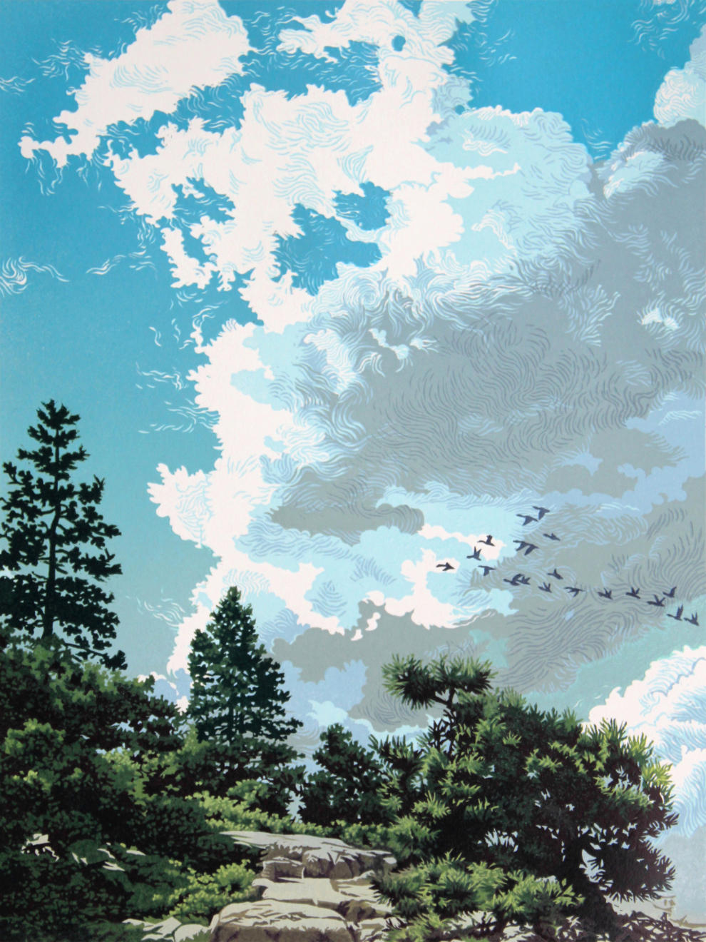 Migrant Sky, linocut print by William H. Hays