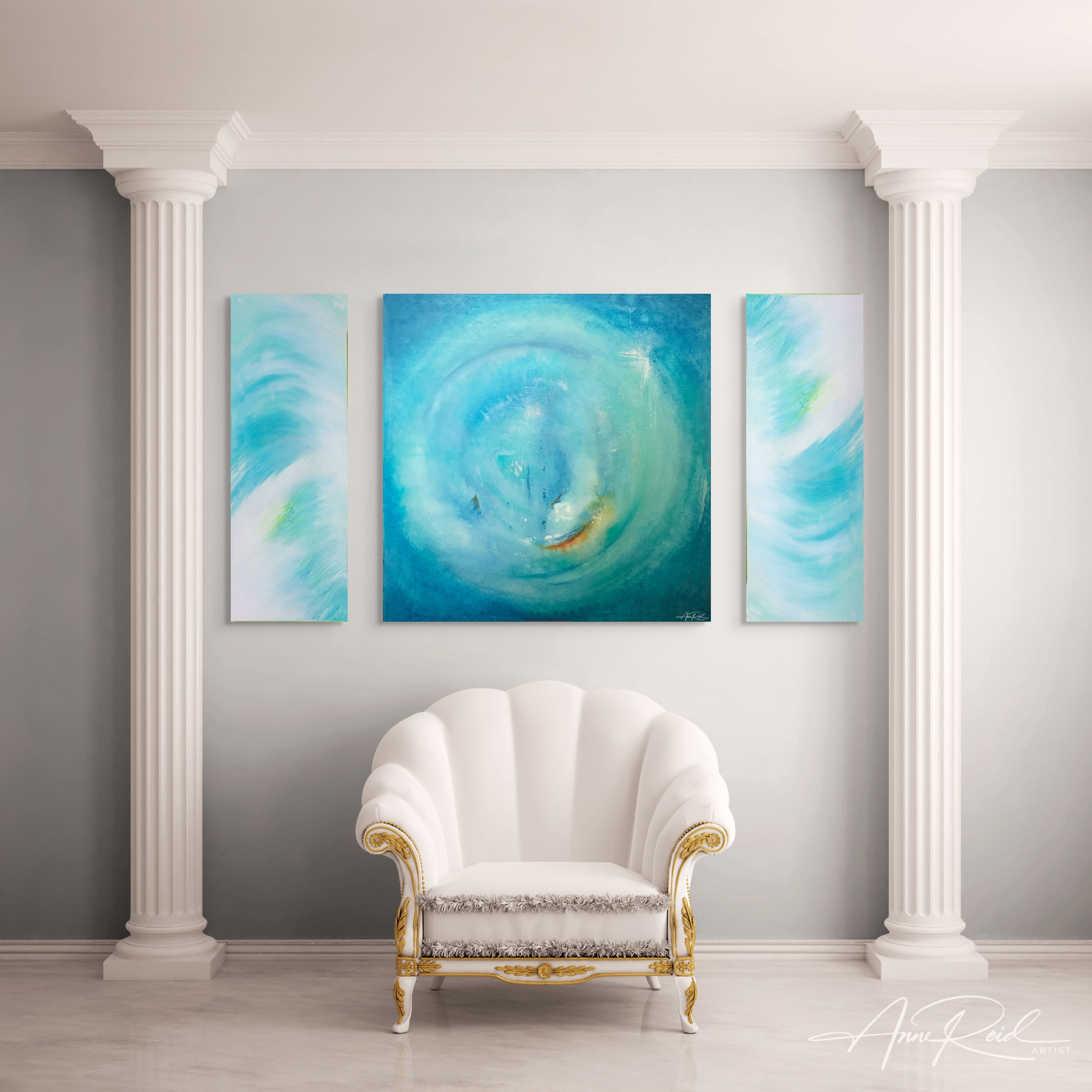 Abstract expressionist painting by Anne Reid Artist—Advent centered with Angelic prints on both sides in living room