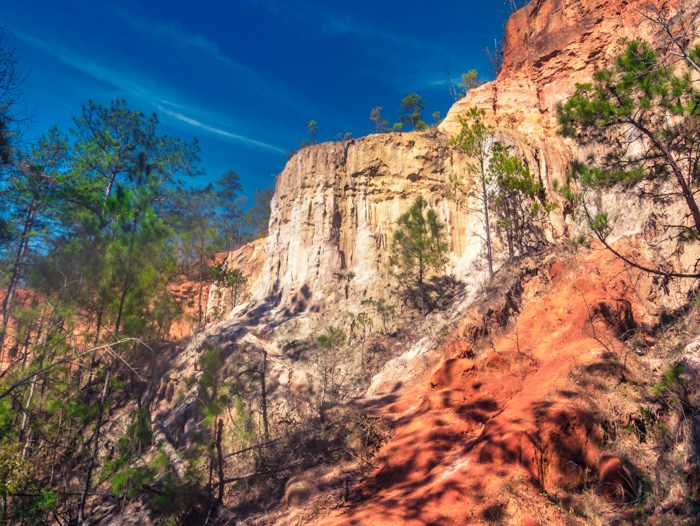 The side of the canyon at Providence Canyon with a blue sky in the background