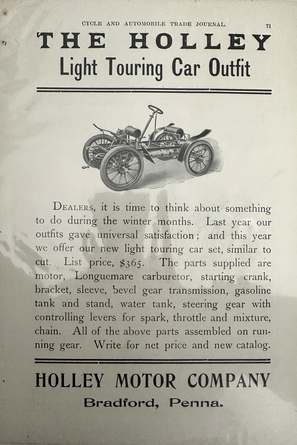 Holley Light Touring Car advertisement from early 20th century automotive era