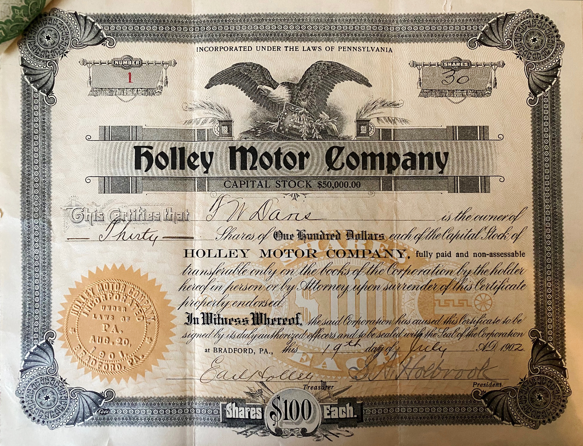 Holley Motor Company Certificate No. 1, dated July 19, 1902, issued in Bradford, Pennsylvania