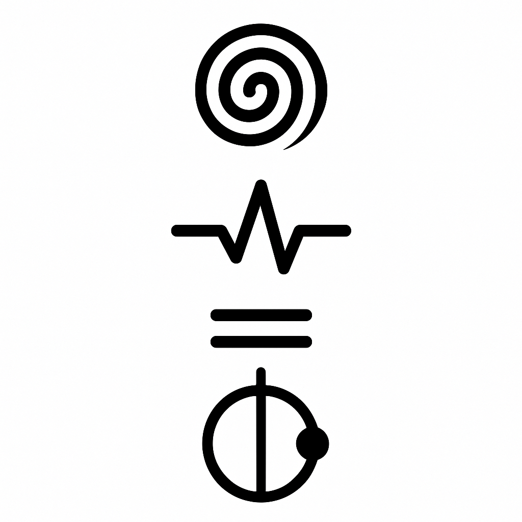 Zero-point harmonic portal glyph with spiral, pulse, and orbit symbols