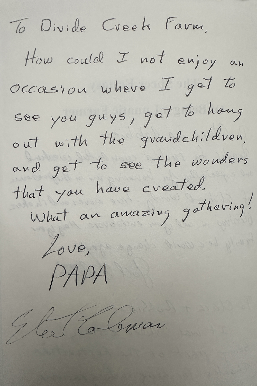 Signed note from Eliot Coleman — Divide Creek Farm