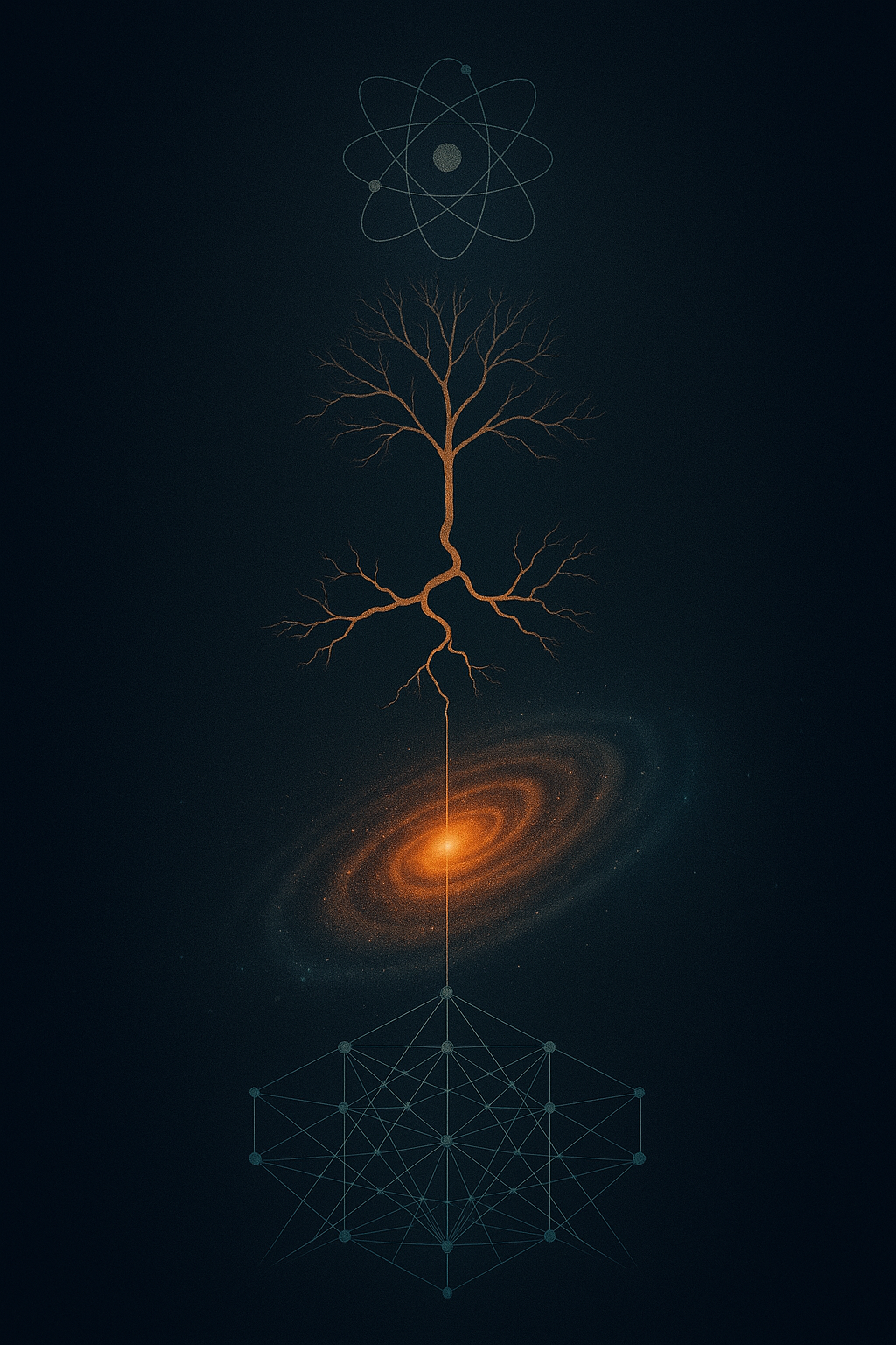 A continuous fractal sequence showing an atom, tree, river delta, galaxy, and geometric lattice—one pattern repeating through all scales.