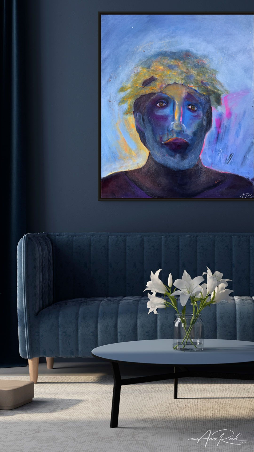 Beautiful Suffering 3, print - Evocative Portrait Art for Sophisticated Spaces: Abstract expressionist painting by colourist Anne Reid Artist featuring a solemn face with golden crown-like elements on a moody blue background