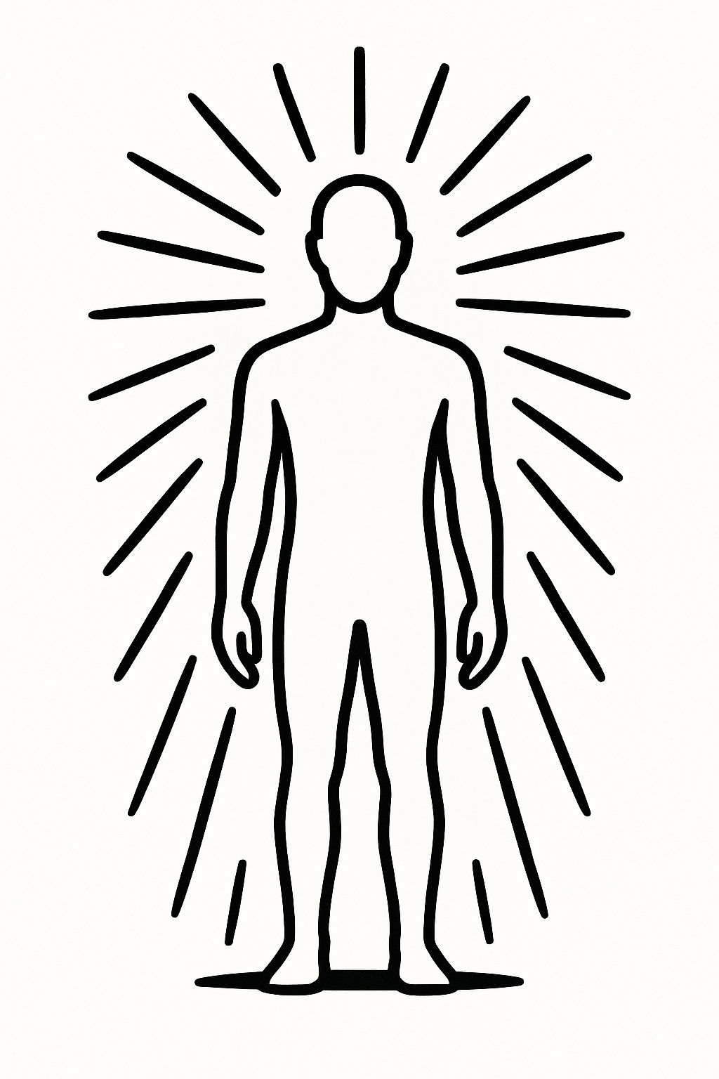 Black and white silhouette of a human figure standing still, radiating light—no throne, no crown—symbol of coherence-based sovereignty
