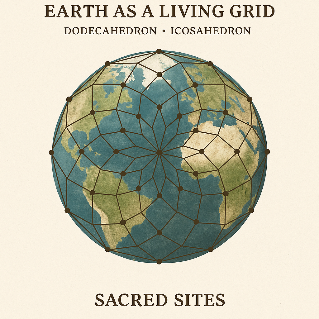 Earth overlaid with dodecahedron and icosahedron geometry connecting sacred sites