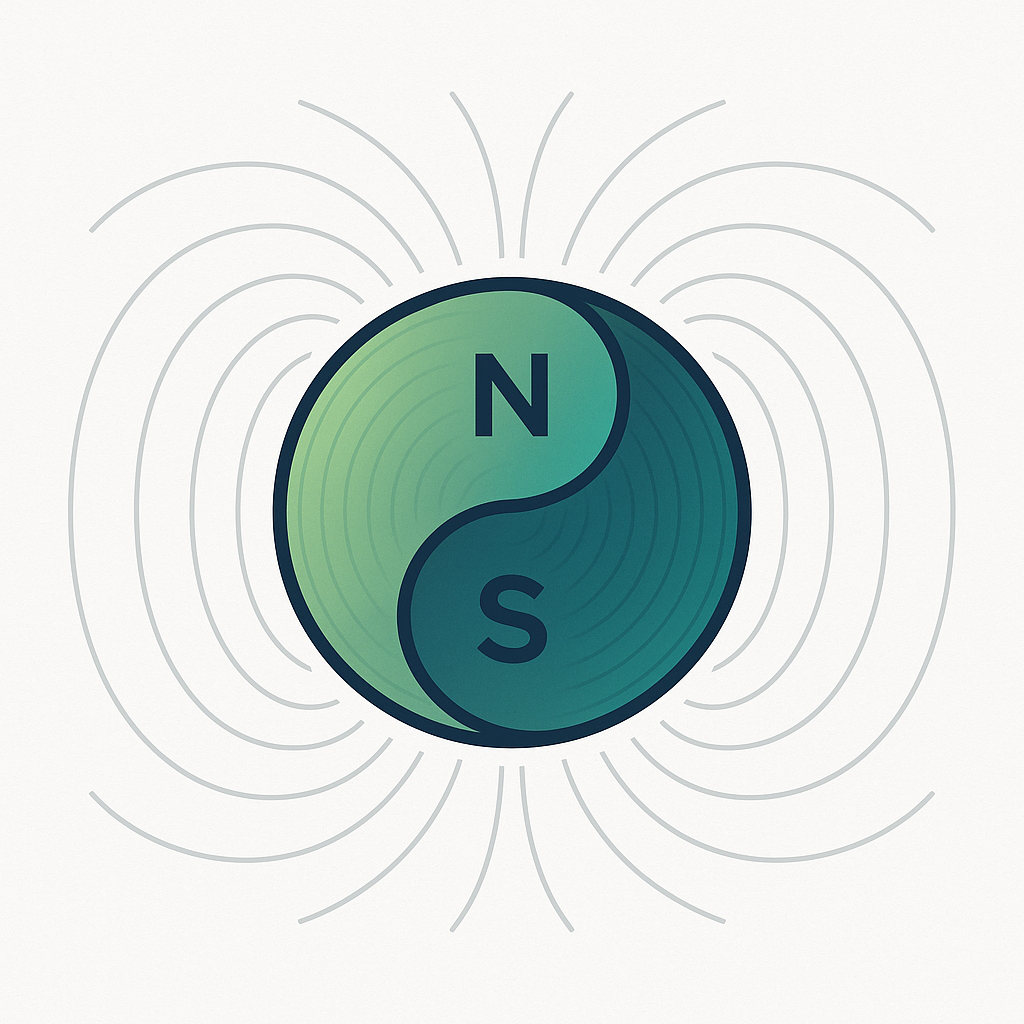 Yin–yang polarity glyph showing north and south magnetic poles united by curved field lines in balance