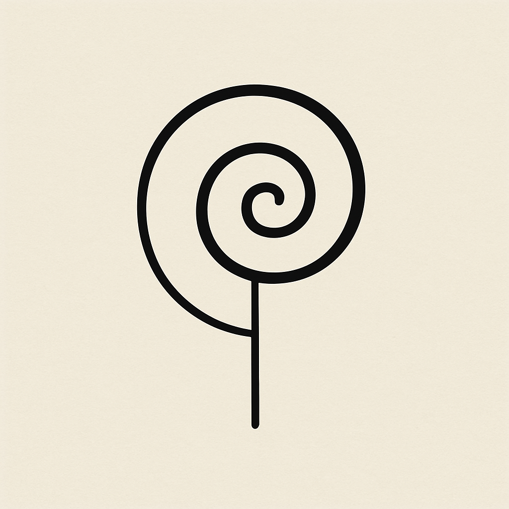 Recursive spiral glyph with mirrored symmetry and central spin axis