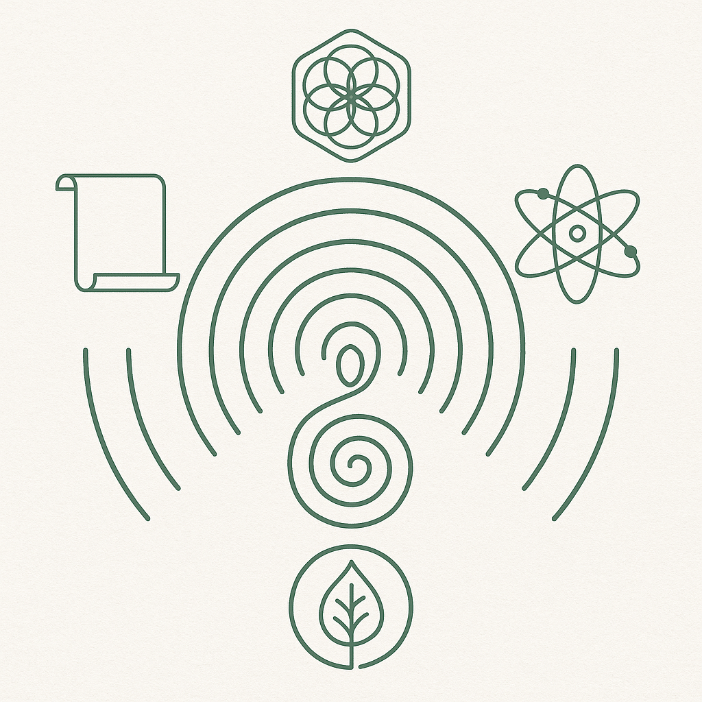 Transmission Glyph – Spiral resonance radiating through field, nature, scroll, and geometry