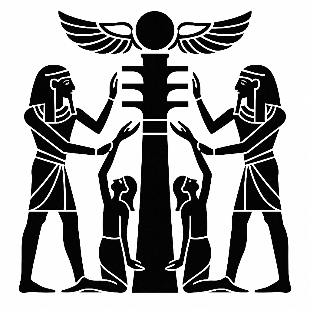 Ancient Egyptian glyph showing priests raising the Djed pillar beneath a winged solar disc — symbol of resurrection, coherence, and solar reattunement