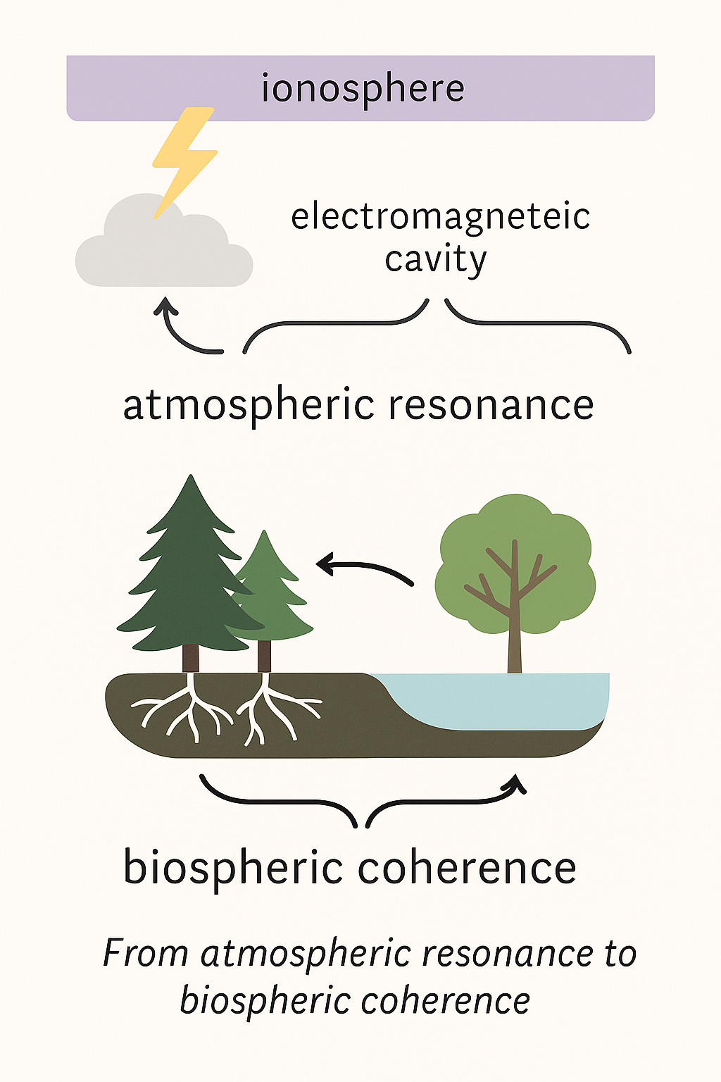 Two-layer diagram showing the traditional Schumann model (lightning between Earth and ionosphere) above and the living resonance model below with forest, water, roots, and mycelium feeding a feedback loop.