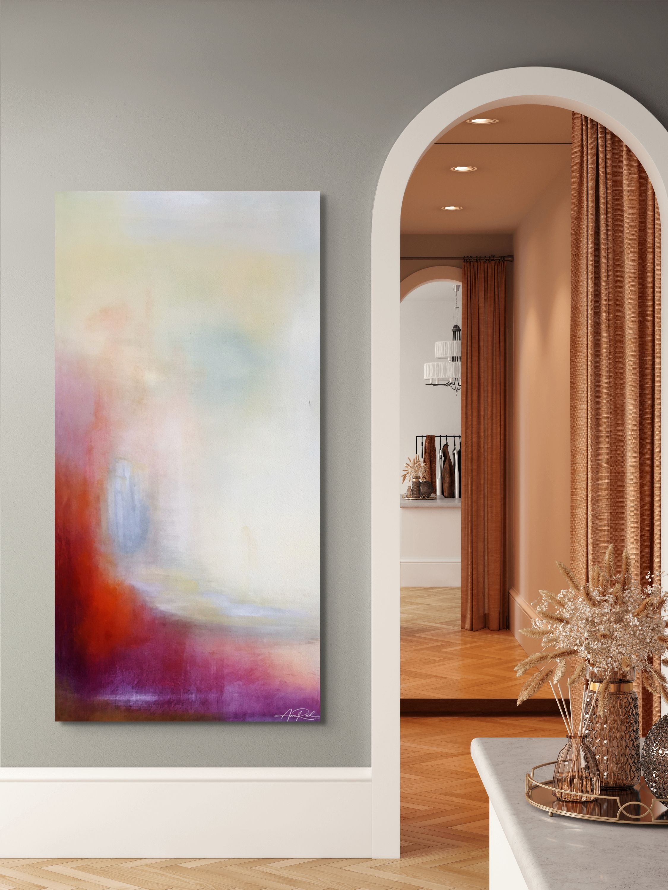 Pearl Gate 2, print – Soft Abstract Elegance on Balboa Mist Walls: Abstract expressionist painting by colorist Anne Reid Artist featuring soft washes of pearl, violet, and crimson on a wall painted Balboa Mist by Benjamin Moore 