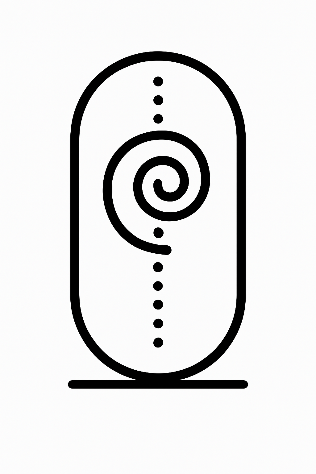 Soul Cartouche glyph – oval field loop with spiral and dotted vertical spine