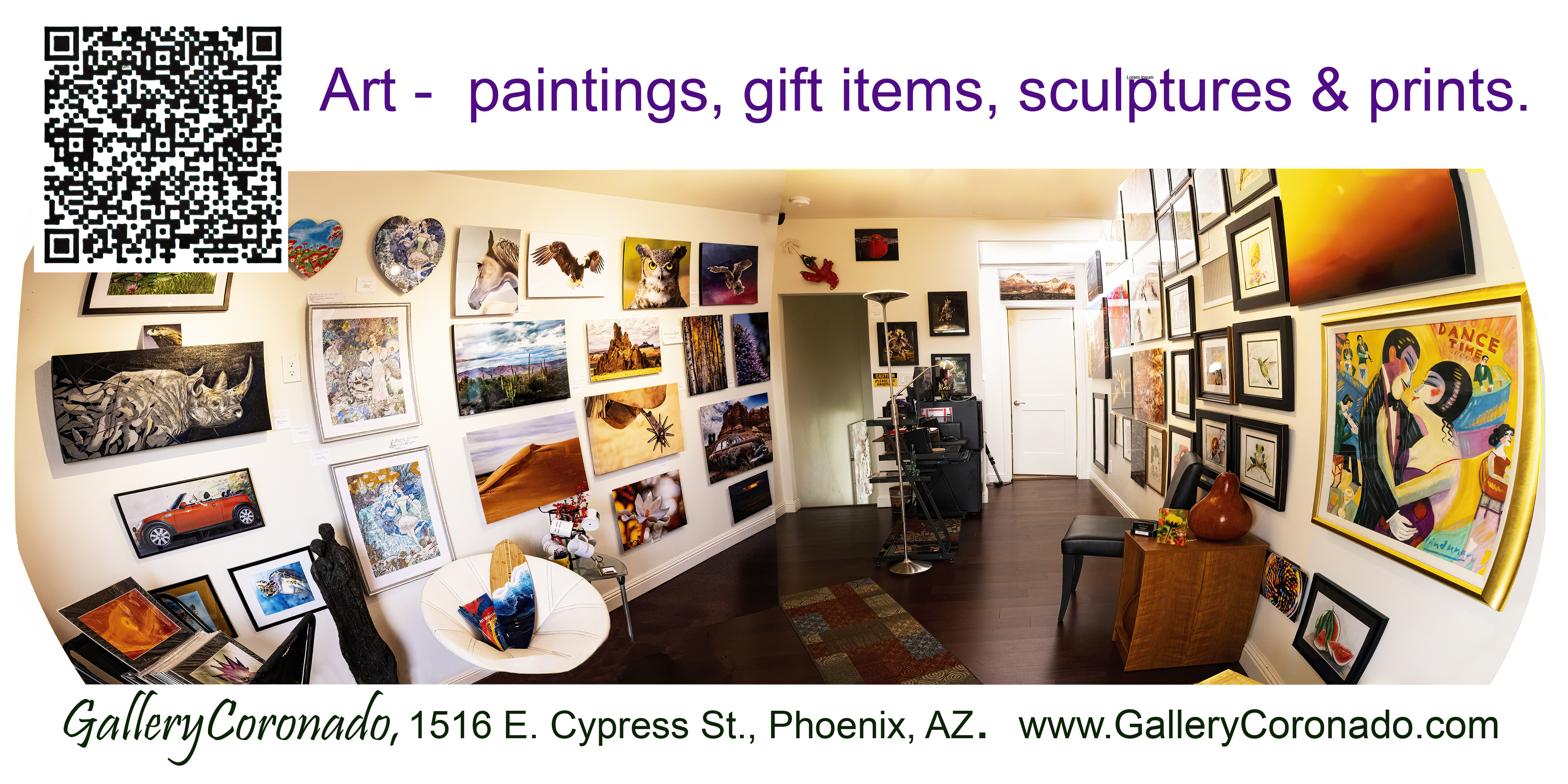 Panoramic view of GalleryCoronado's gallery space with art on the walls.