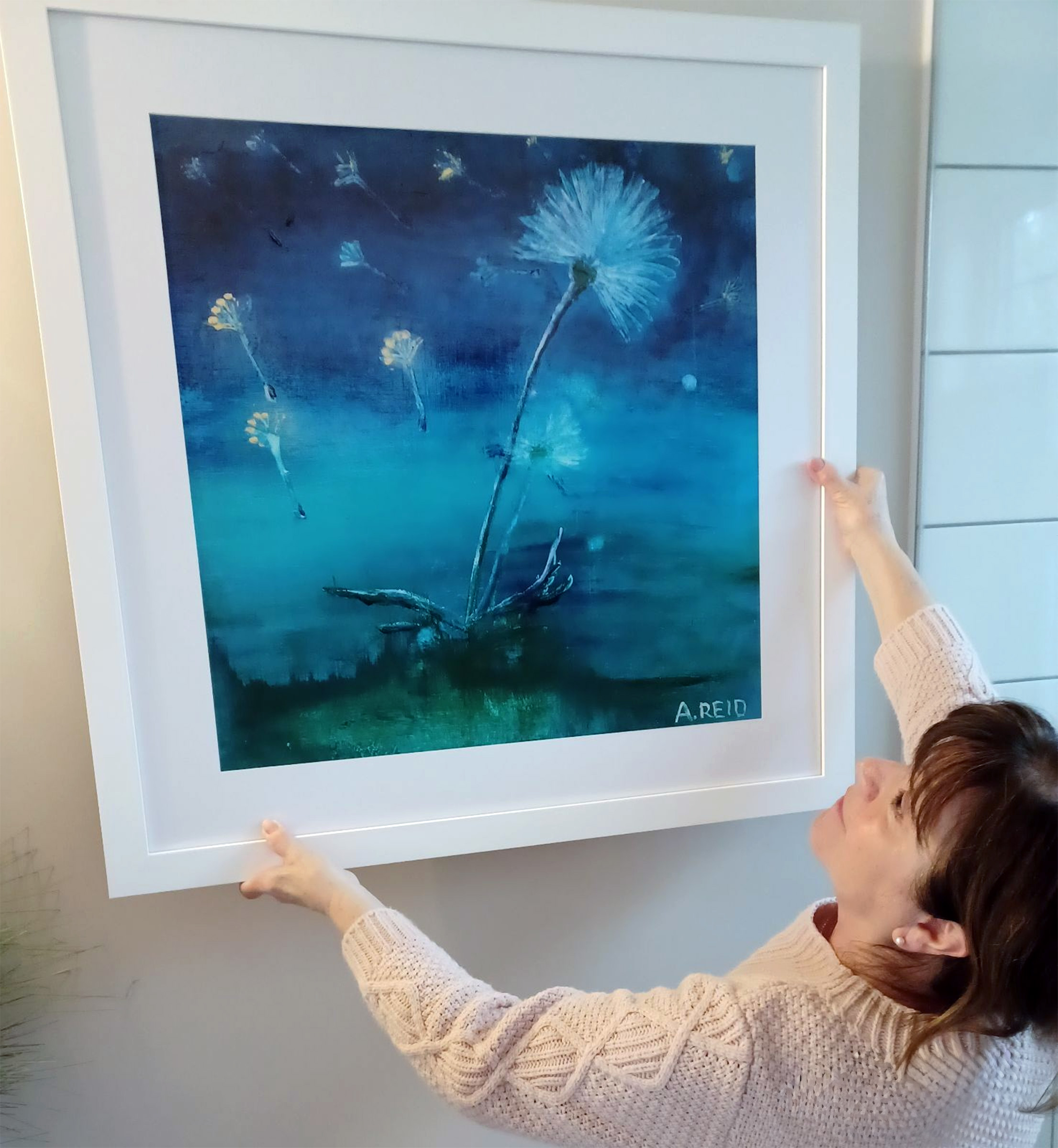 Light and Momentary open edition fine art print by Anne Reid Artist shown installed in a minimal bathroom setting