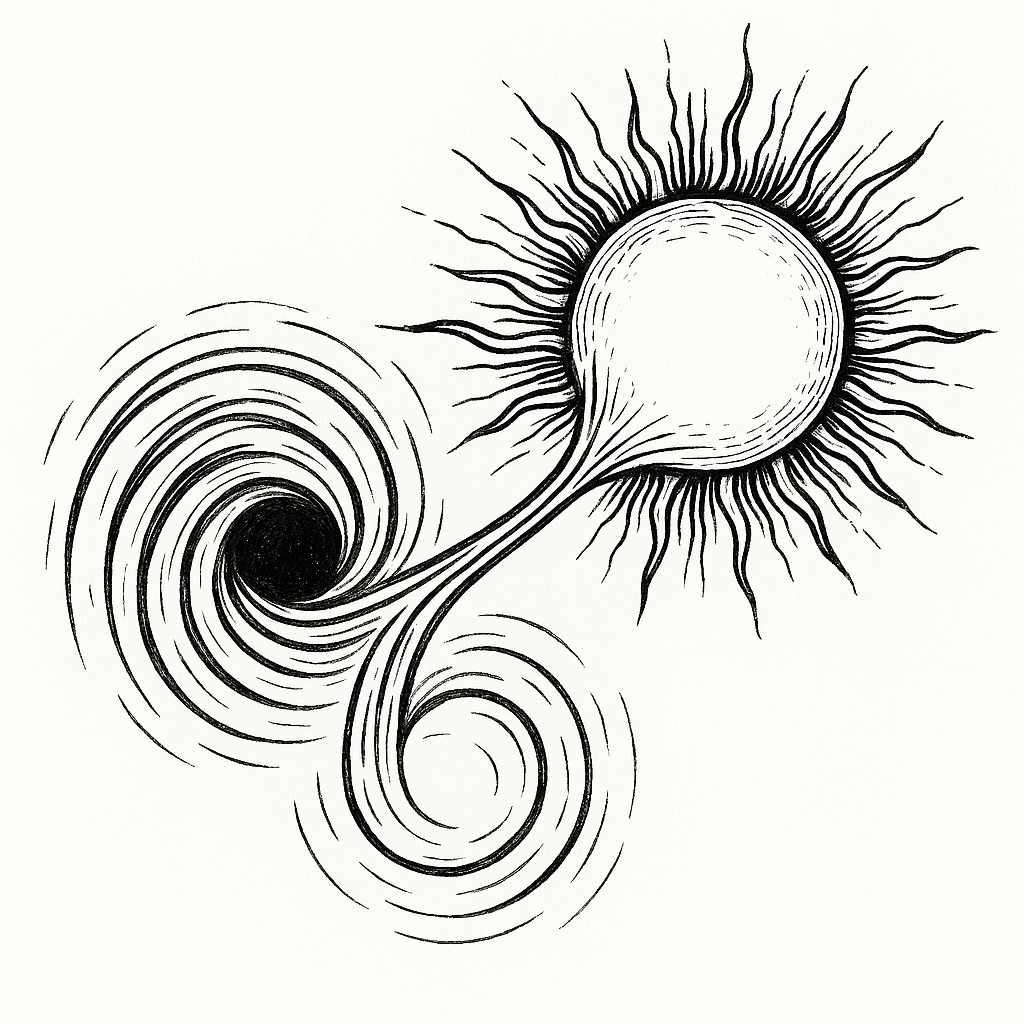 Polarity glyph showing resonance spiral between black hole and sun – by Robbie George