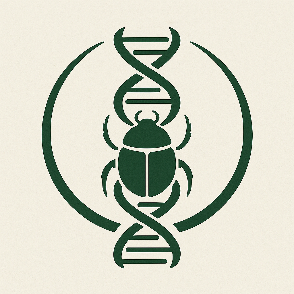 Scarab intertwined with DNA helix, representing memory and recursive field design